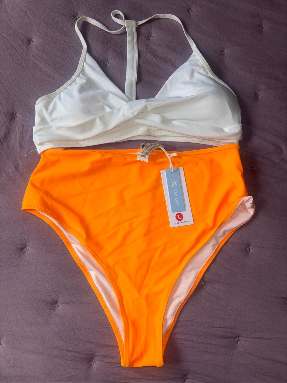 Cupshe White & Neon Orange High-Waist Bikini Set